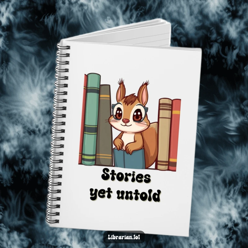 Funny squirrel librarian notebook, inspiring cover art of a curious squirrel, perfect for writers and students.