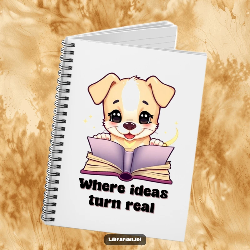 Funny puppy notebook, giggling at a magical book, inspiring creative writing and imaginative thought with its humorous cover.