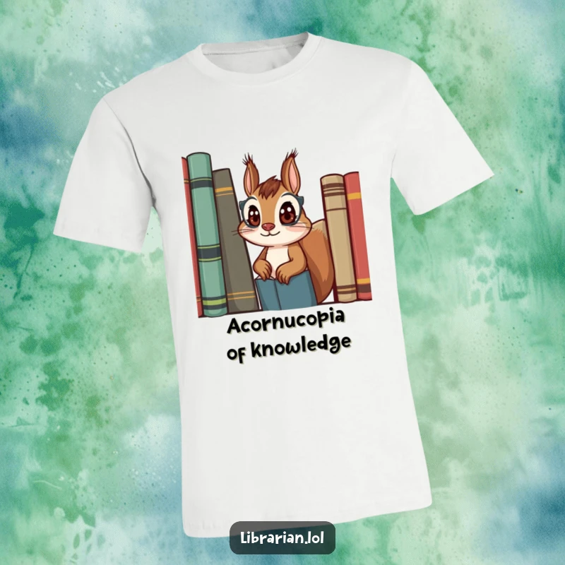 Funny squirrel librarian t-shirt, curious eyes peeking from behind books, great for readers and gift seekers.
