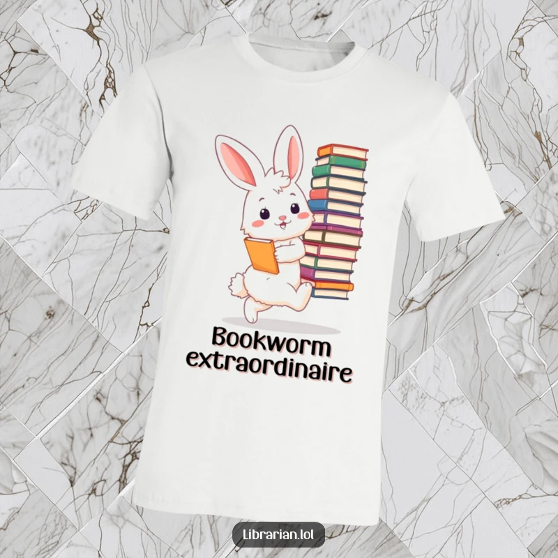 Funny bunny librarian t-shirt, a fluffy bunny tiptoeing with a stack of large books, looking exceptionally pleased with its literary load.