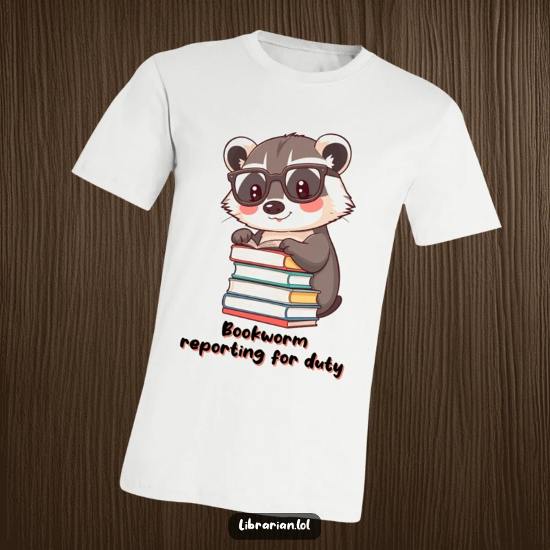 Funny happy badger wearing reading glasses, gently patting a stack of books, on a comfortable t-shirt.