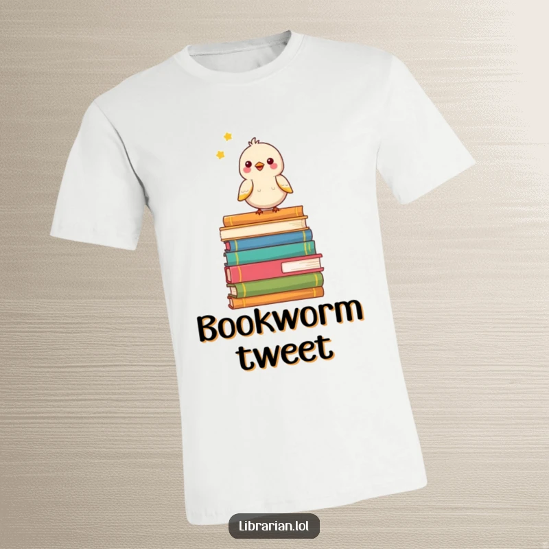 Funny t-shirt with a happy little bird chirping on a stack of books, conveying joy and a love for reading.