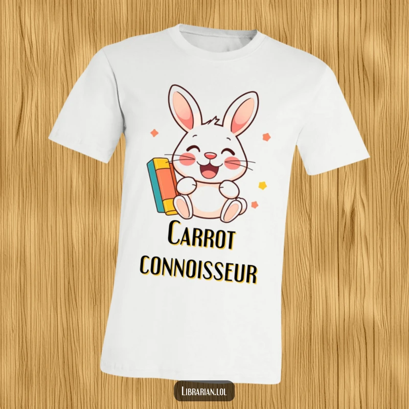 Funny T-Shirt: A grinning rabbit happily stamps a vibrant, colorful library card with energy.