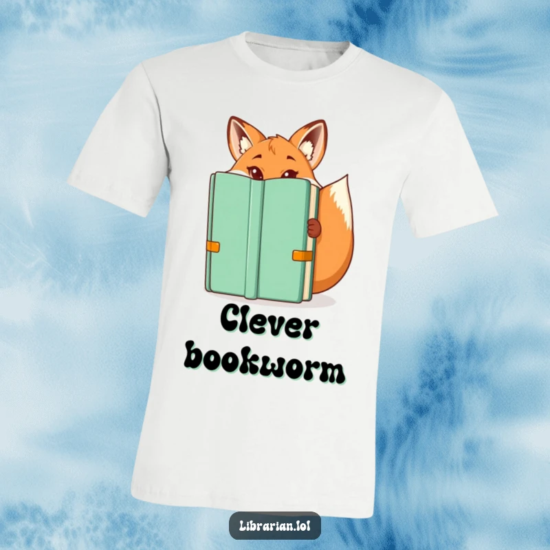 Funny t-shirt: A sly fox librarian with mischievous eyes peeks out from a large book, a funny gift.