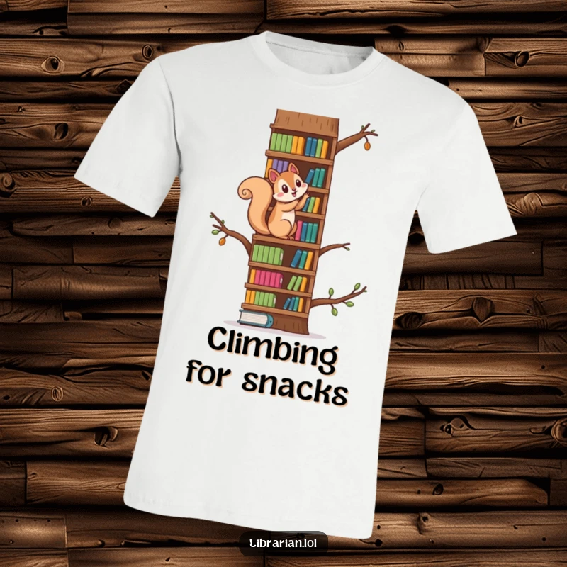 Funny squirrel playfully climbing a colossal bookshelf that resembles a tree, perfect for energetic book lovers.