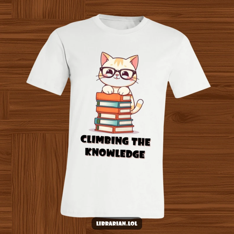 Funny t-shirt showing a smiling cat with glasses, carefully balancing a wobbly tower of books, representing studious fun.