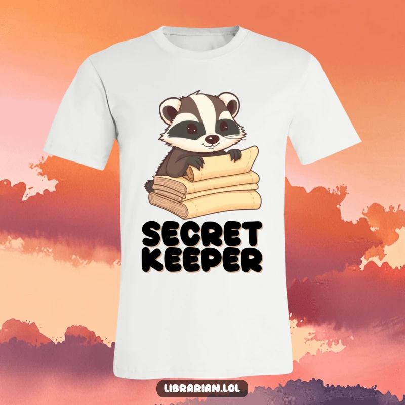 Funny badger t-shirt, whispering secrets into ancient scrolls with determination, a humorous design for lovers of mystery and history.