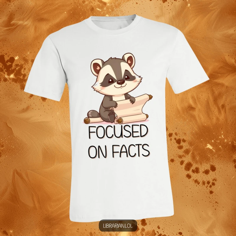 Funny animated badger efficiently organizing scrolls with focused joy, printed on a t-shirt.