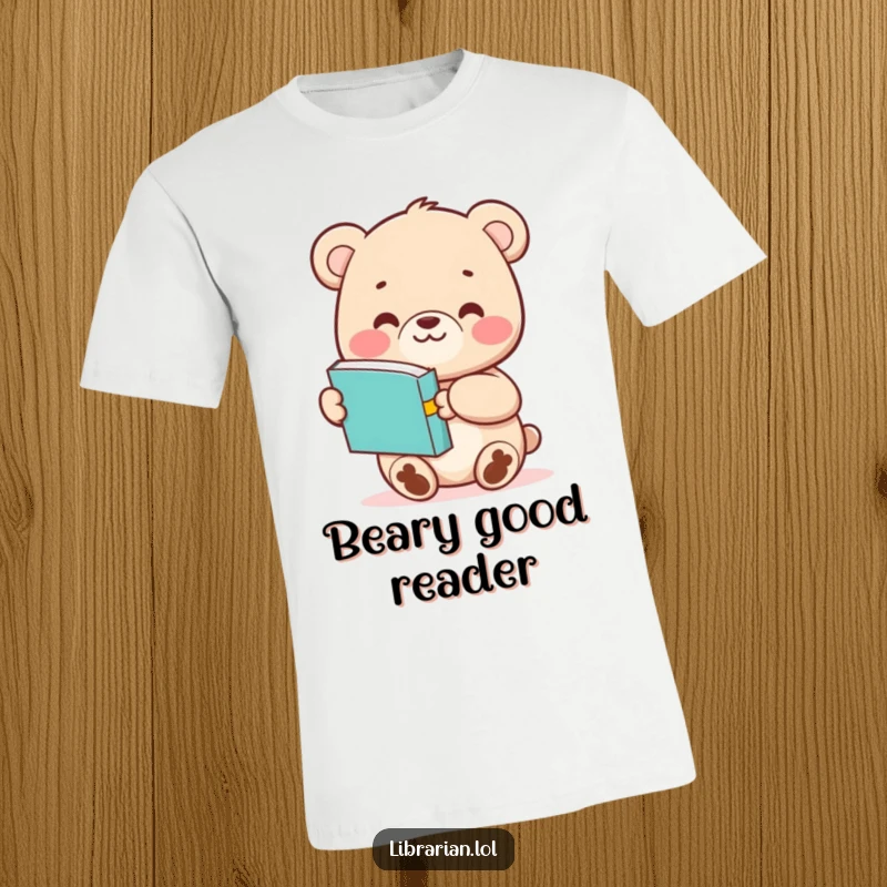Funny Bear Cub t-shirt character with a wide smile and extended paw, offering a book, celebrating the joy of reading.