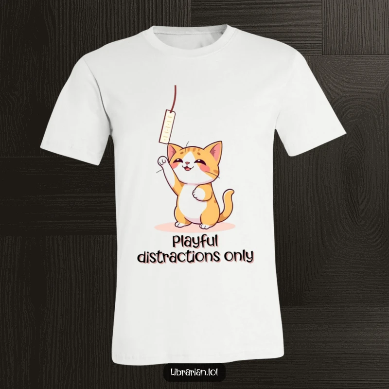 Funny Cat Bookmark T-Shirt: A playful cat joyfully bats at a dangling bookmark.