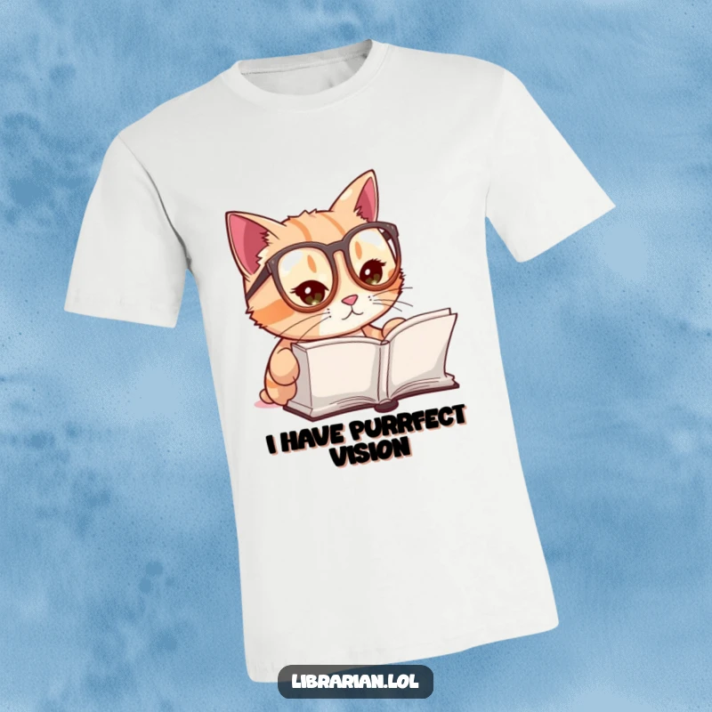 Funny t-shirt featuring a charming cat adorned with tiny reading glasses, gazing seriously at an open book, exuding wisdom.