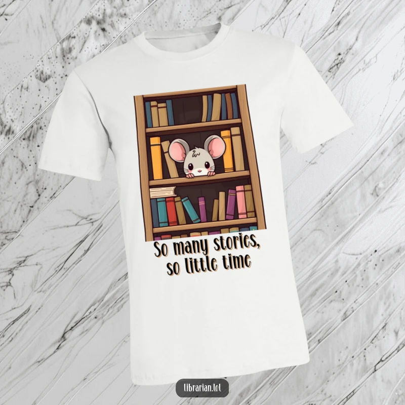 Funny curious mouse t-shirt, a small rodent peeking from a huge bookshelf, showcasing a passion for reading and humor.