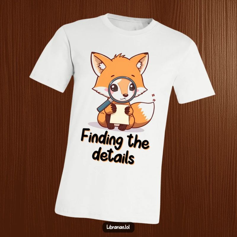 Funny t-shirt depicting a curious fox using a magnifying glass to examine a scattered note, a detective's attire.