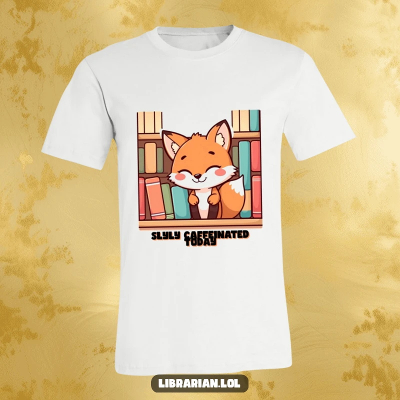 Funny playful fox with a mischievous grin peeking from behind a bookshelf, on a humorous t-shirt for book lovers.