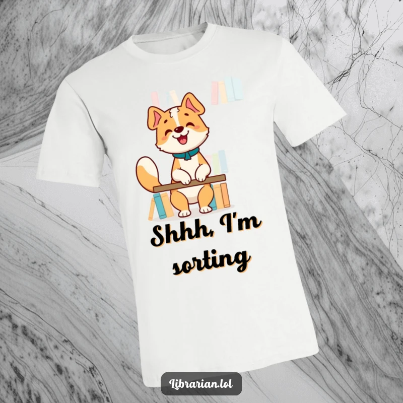 Funny T-Shirt: A happy dog with a librarian’s touch, organizing books on a tall shelf, tail wagging joyfully.