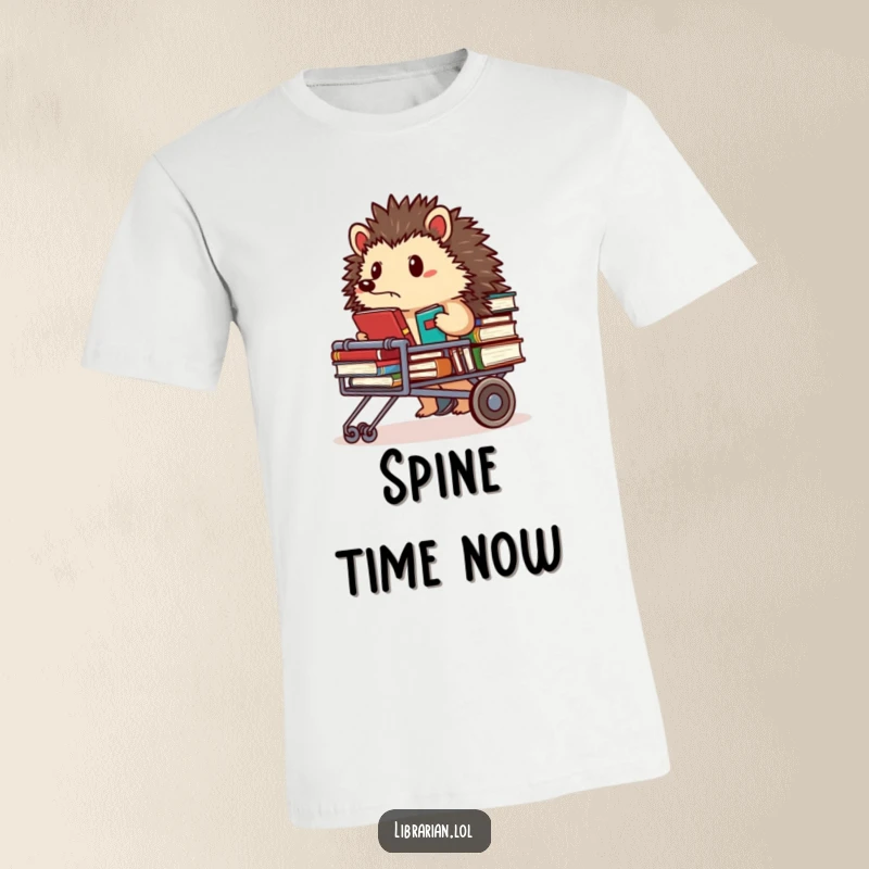 Funny T-Shirt: A determined hedgehog librarian intently pushing a book-laden cart, conveying deep focus.