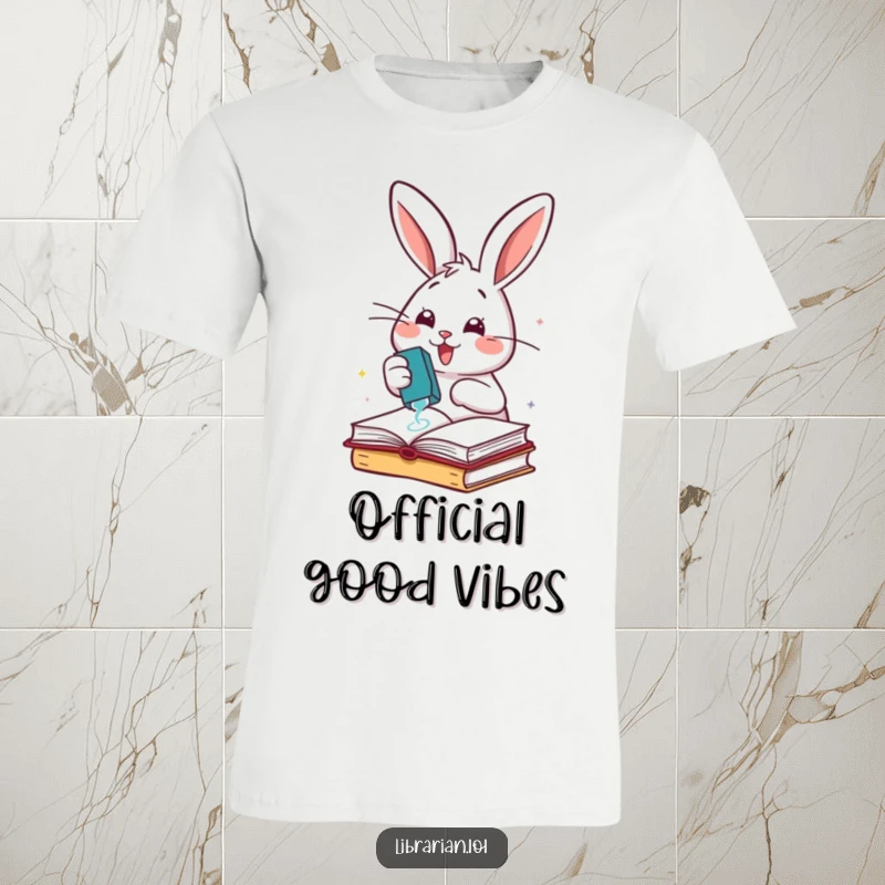 Funny cheerful rabbit enthusiastically stamping books with a rubber stamp, on a fun t-shirt.
