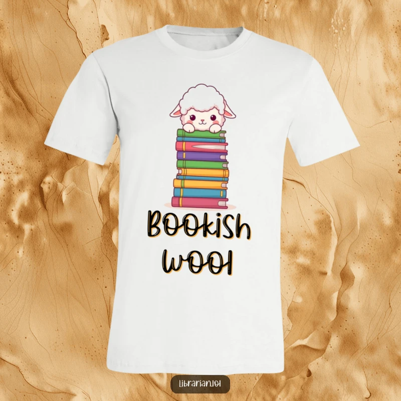 Funny T-Shirt: A soft, fluffy sheep peeks inquisitively over an enormous pile of vibrant, stacked books.