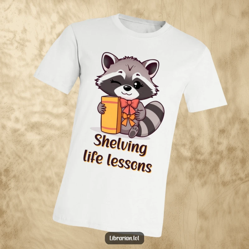 Funny T-Shirt: A winking raccoon expertly shelves books with a flourish and a cheerful bow, celebrating literature.