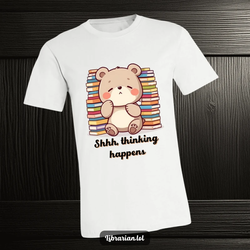 Funny T-Shirt: A diligent bear stands guard, placing a paw over its mouth to shush, surrounded by towering stacks of items.