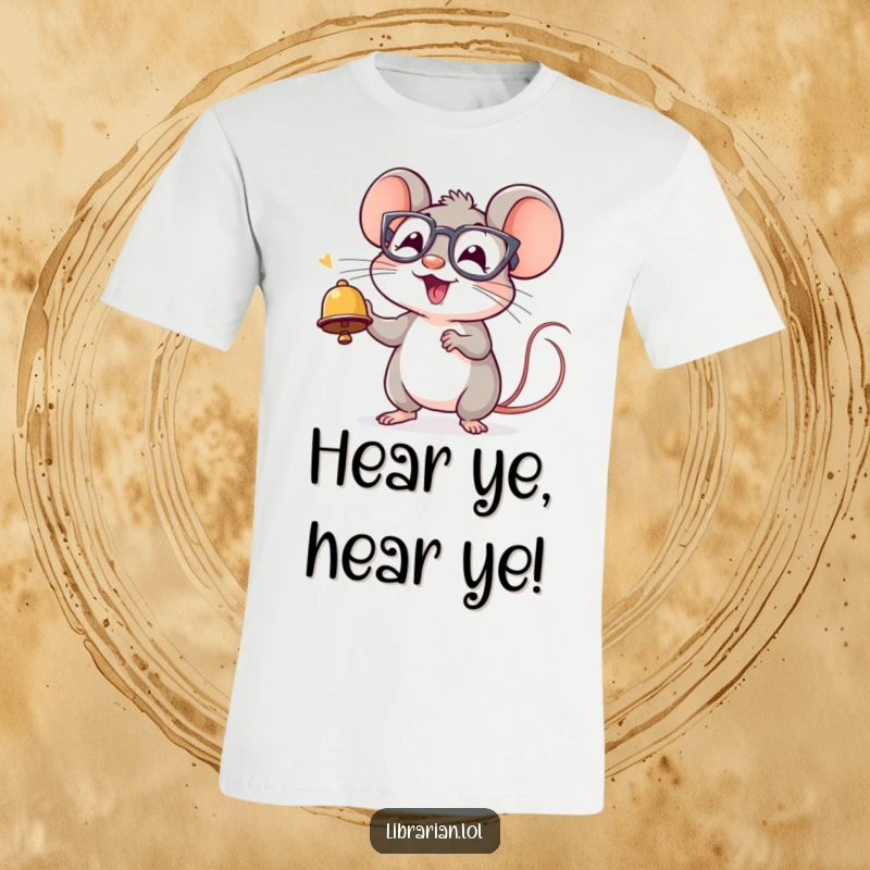 Funny t-shirt showcasing a small, cheerful mouse wearing spectacles and ringing a tiny bell with immense excitement.