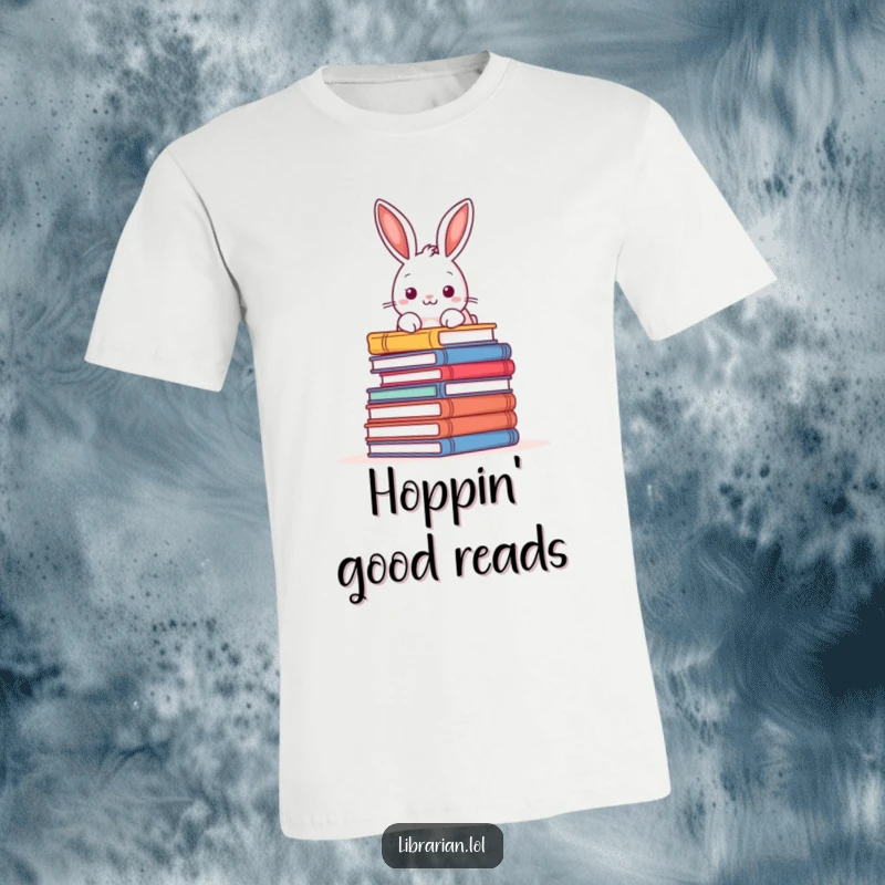 Funny t-shirt depicting a playful rabbit peering over an enormous stack of books, perfect for avid readers.