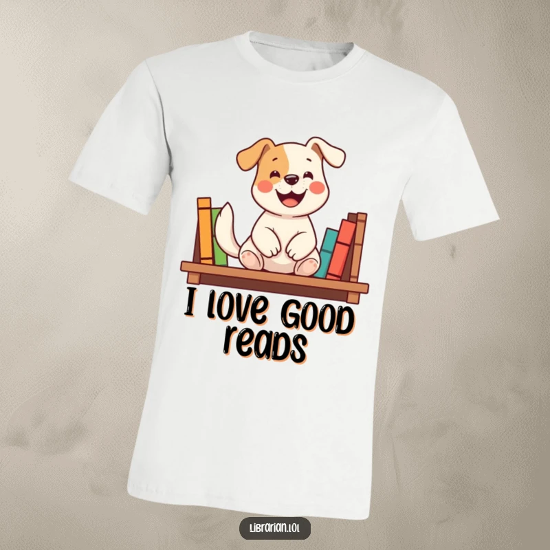 Funny t-shirt depicting a happy dog shelving books with a wagging tail, showcasing helpfulness and literary enthusiasm, a fantastic funny gift.