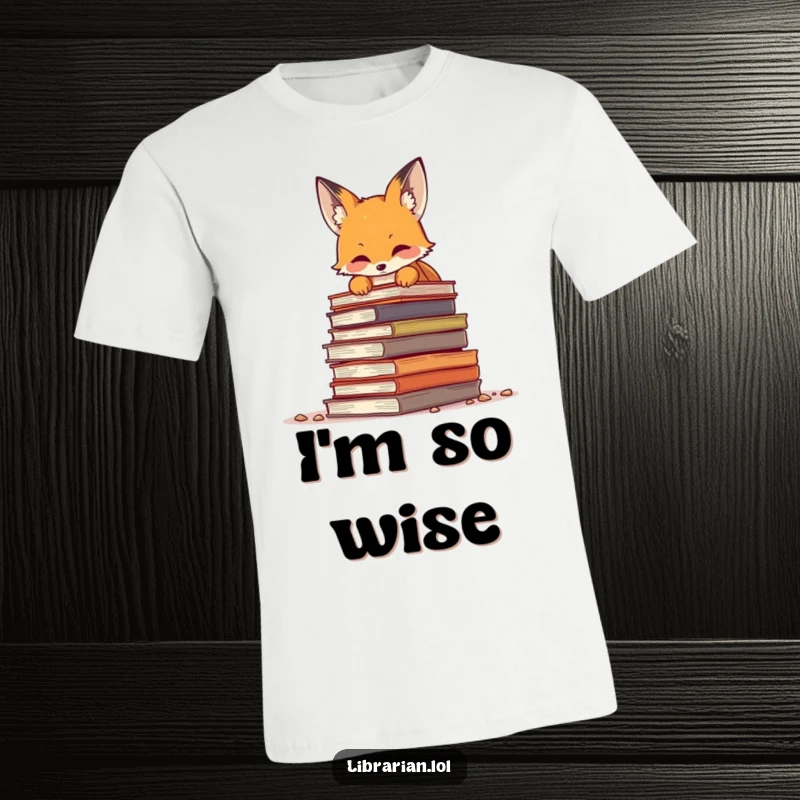 Funny curious fox peeking over a massive pile of aged books, embodying a bookworm's adventurous spirit, ideal for literature fans.