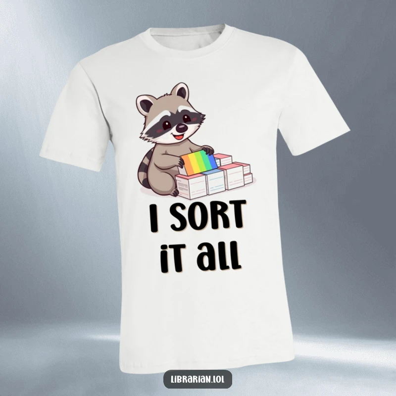 Funny t-shirt depicting a happy raccoon joyfully sorting a colorful array of index cards, embodying meticulous organization.