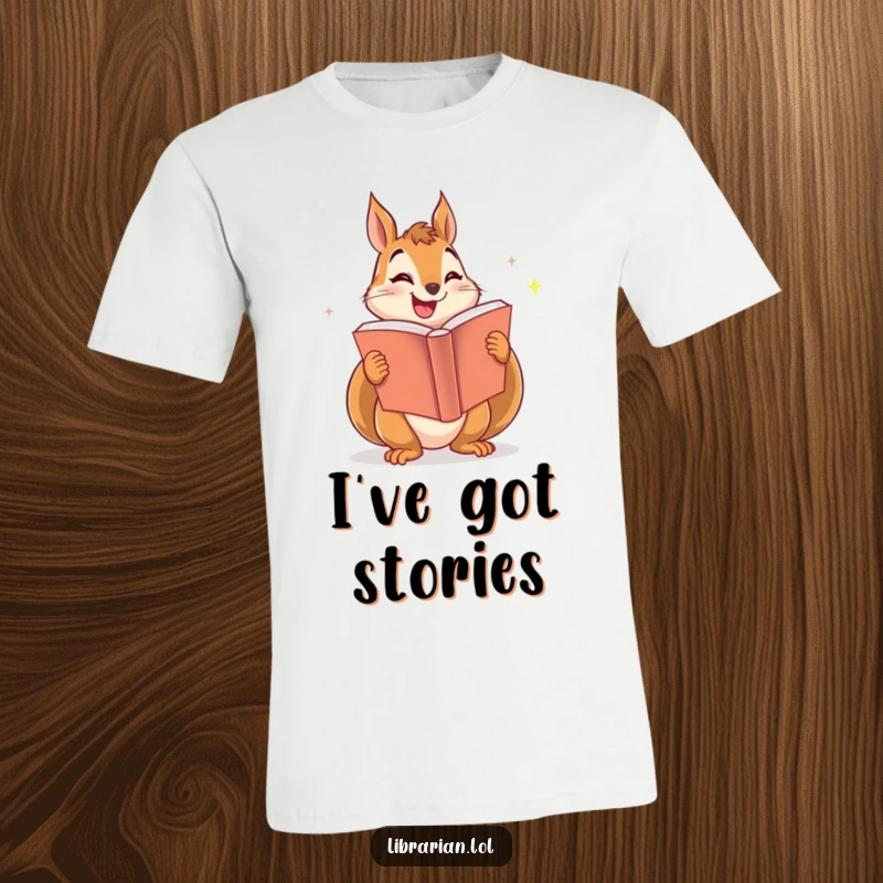 Funny t-shirt with a smiling squirrel enthusiastically sharing a giant, sparkling book, celebrating the joy of reading.