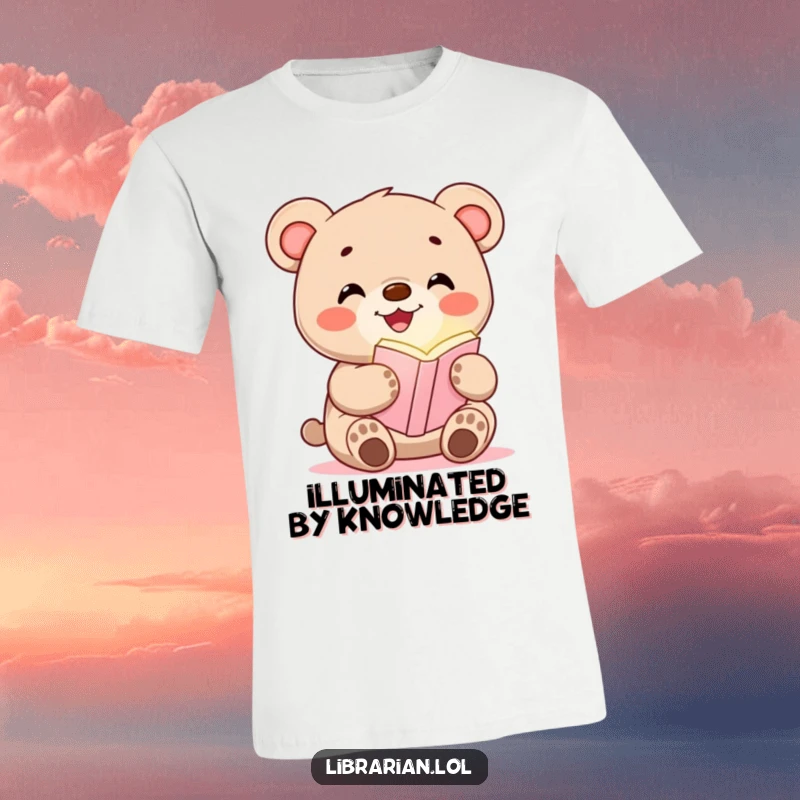 Funny t-shirt featuring a smiling bear cub happily clutching a glowing bookmark, perfect for book lovers.
