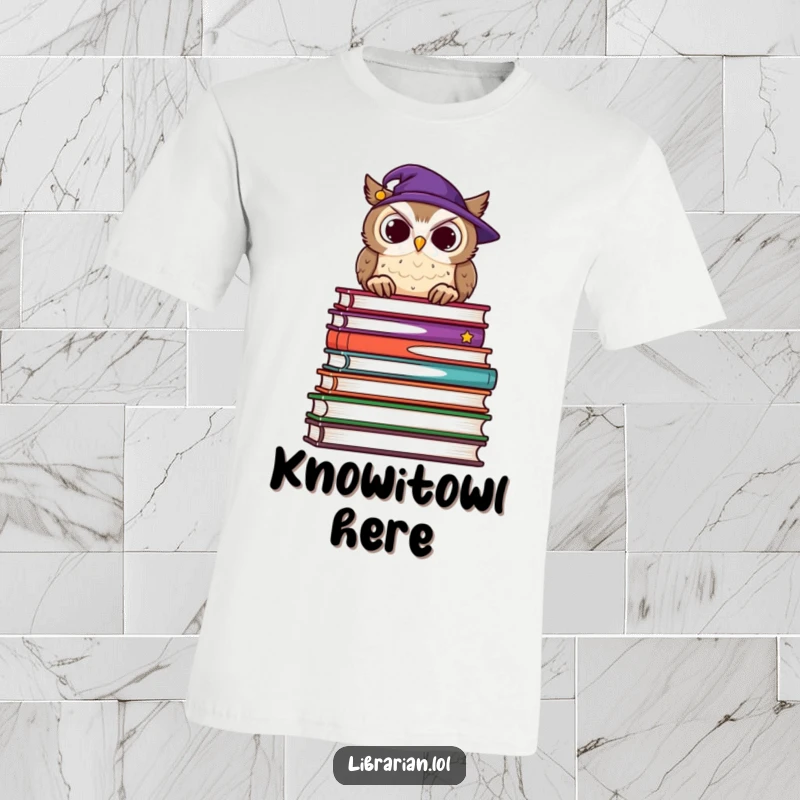 Funny t-shirt featuring a wise owl with glasses, gazing contentedly over an enormous pile of books, embodying profound knowledge.