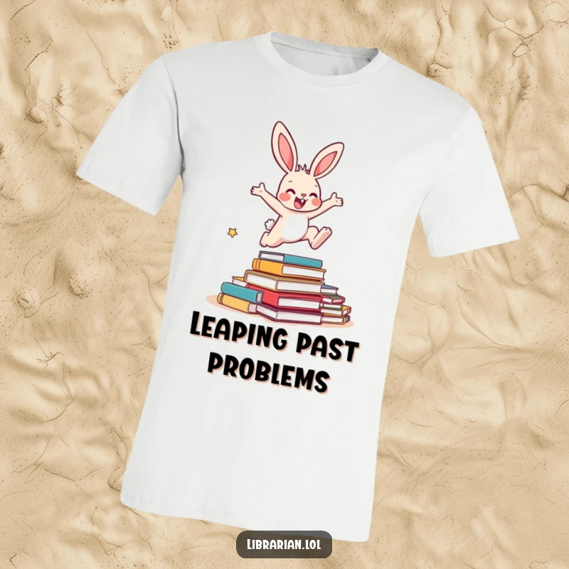 Funny Bunny T-Shirt: An energetic bunny gracefully leaps over a small pile of overdue books, expressing joy and accomplishment.
