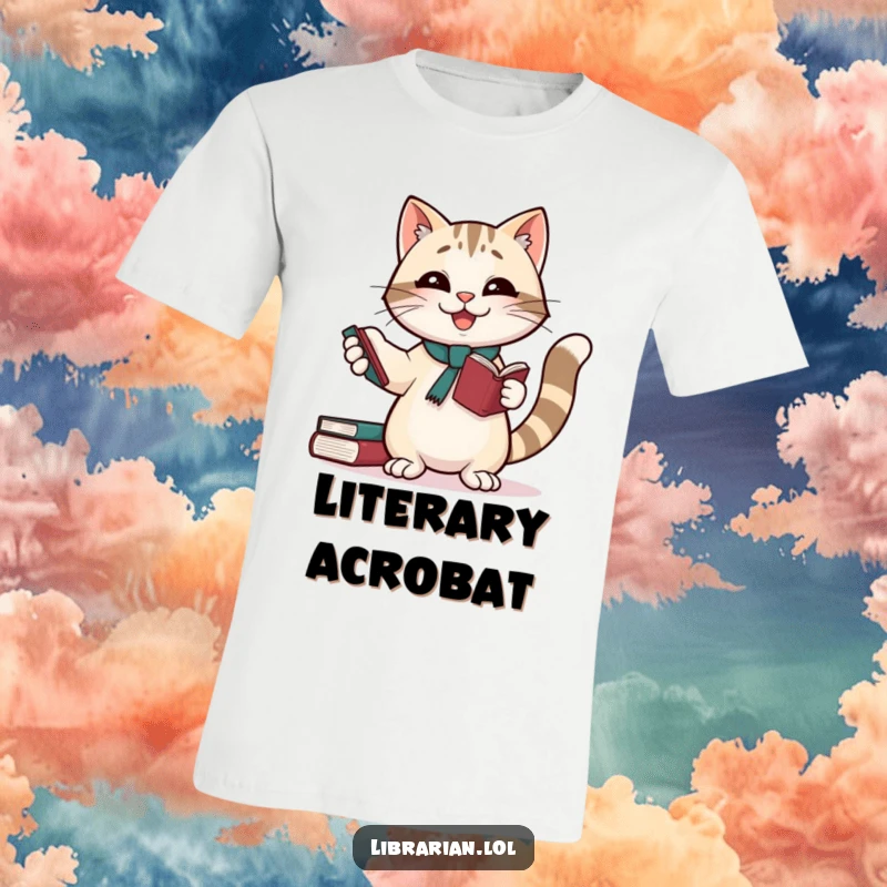 Funny t-shirt: A giggling cat librarian comically juggles books with paws and tail, a great funny gift for readers.