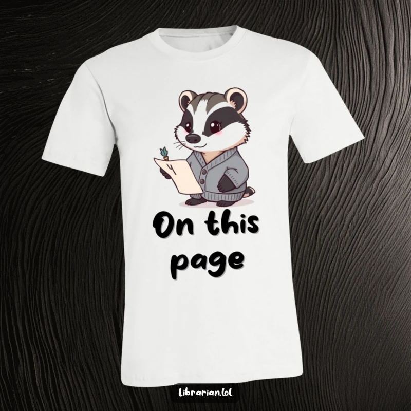 Funny badger in a cardigan, determinedly pointing to a page with a quill. A humorous t-shirt, perfect funny gift.