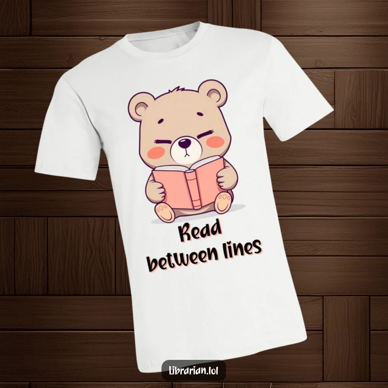 Funny determined bear offering a book with a knowing wink, a humorous graphic t-shirt for readers and literature enthusiasts.