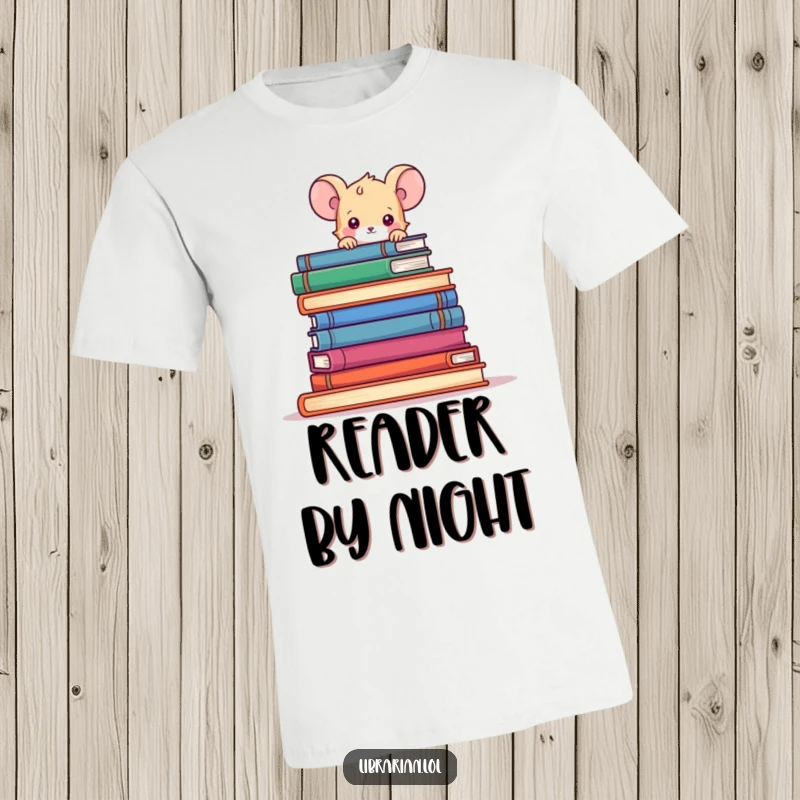 Funny cartoon mouse peeking over a massive stack of books, conveying playful curiosity, on a comfortable t-shirt.