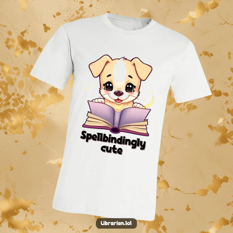 Funny puppy t-shirt, giggling at a magical open book, showcasing a love for fantasy and canine companionship. A humorous delight.