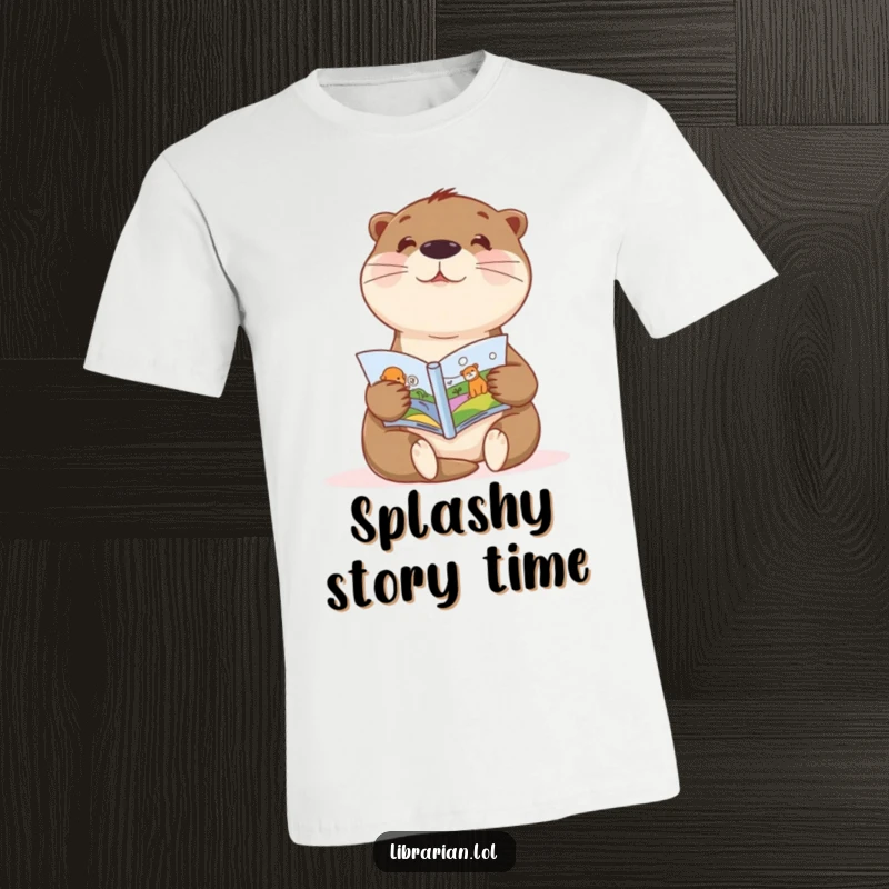 Funny t-shirt featuring a sweet otter enthusiastically showing a picture book to a child, perfect for young readers.