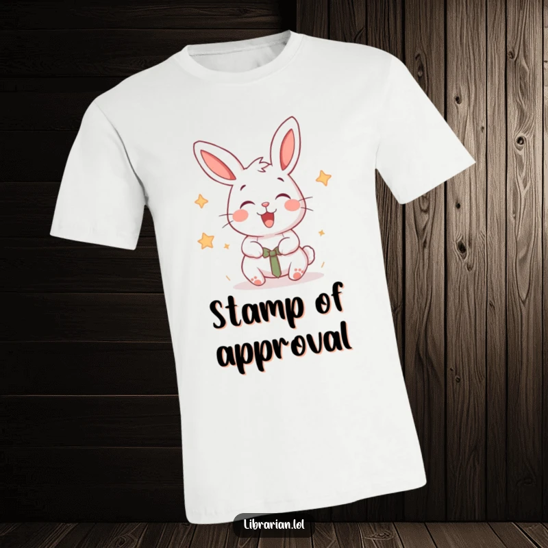 Funny animated rabbit joyfully stamping books with an energetic flourish, printed on a t-shirt.