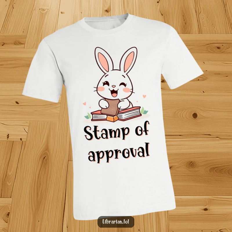 A smiling, happy rabbit enthusiastically stamping a pile of books with a large rubber stamp, embodying joyful organization.