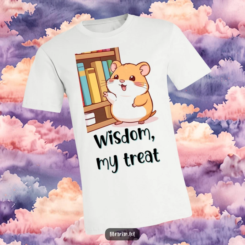 Funny T-Shirt: A happy hamster taps its foot and points at a bookshelf, humorously suggesting new reads.