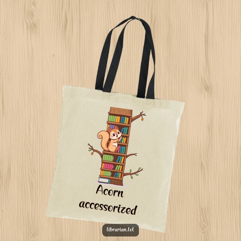 Funny squirrel energetically climbing a towering bookshelf acting as a tree, a whimsical tote bag for adventurers.