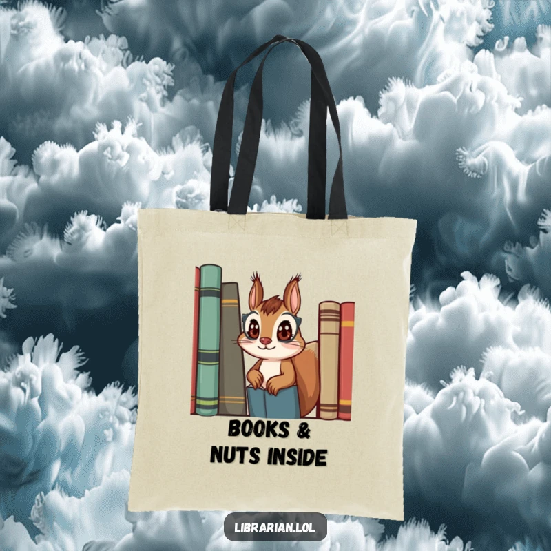 Funny squirrel librarian tote bag, cute design of a squirrel peeking from books, perfect for carrying reads.