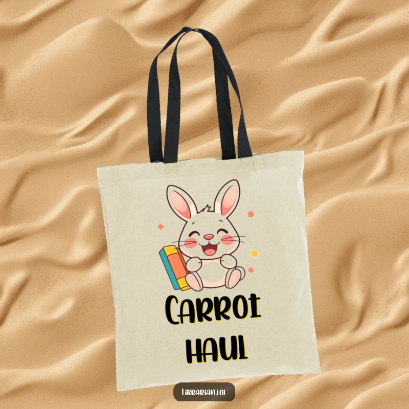 Funny Tote Bag: A grinning rabbit joyfully stamps a colorful library card, excited for new reads.