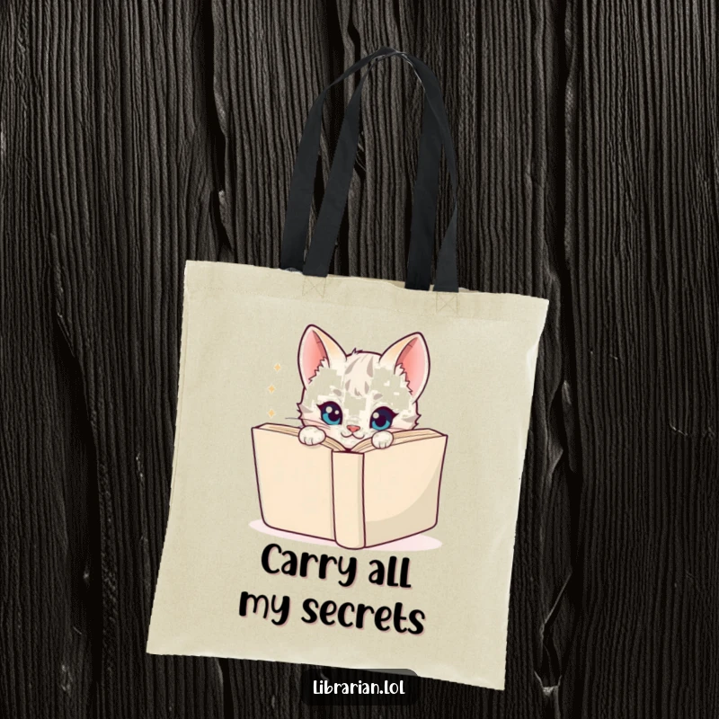 Funny Tote Bag showcasing a playful cartoon kitten peeking curiously around a book, with a sparkly, mischievous look, perfect for carrying books.