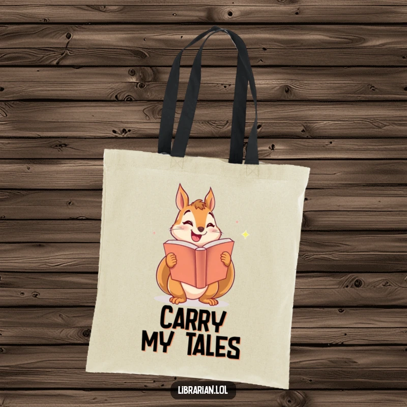 Funny tote bag featuring a smiling squirrel enthusiastically sharing a big, sparkling book, ideal for carrying reading materials.