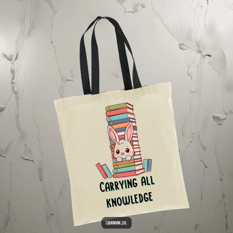 Funny bunny tote bag hiding behind encyclopedias, carrying books with literary humor.
