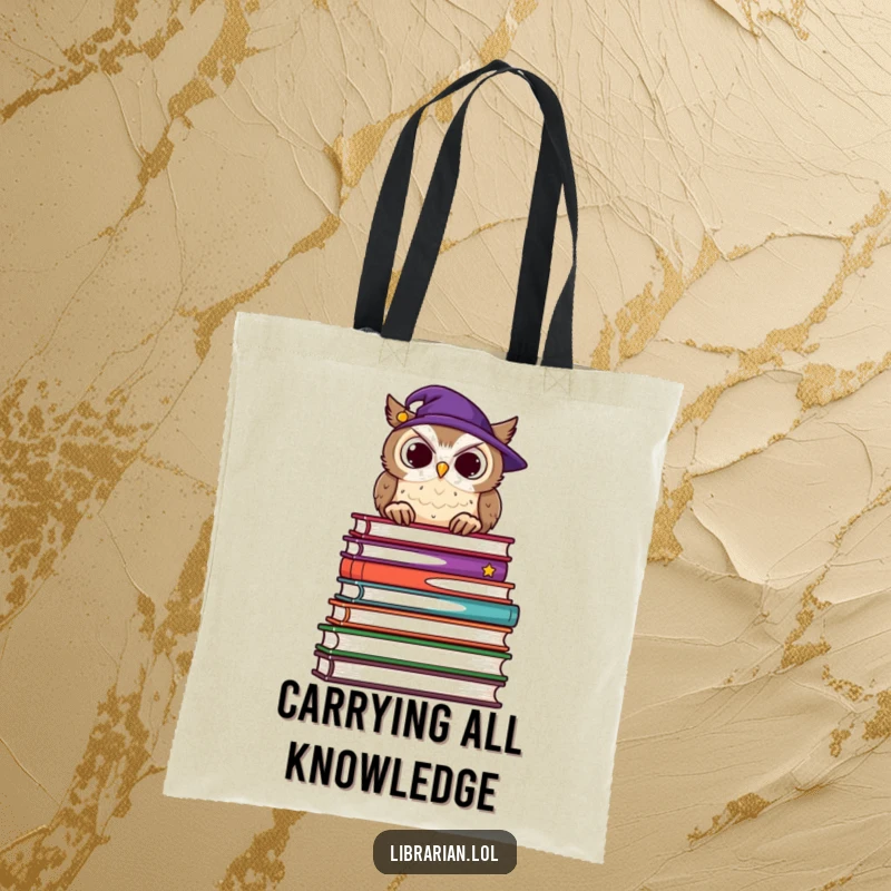Funny tote bag featuring a wise owl with glasses, overlooking a colossal stack of books, perfect for carrying literary treasures.
