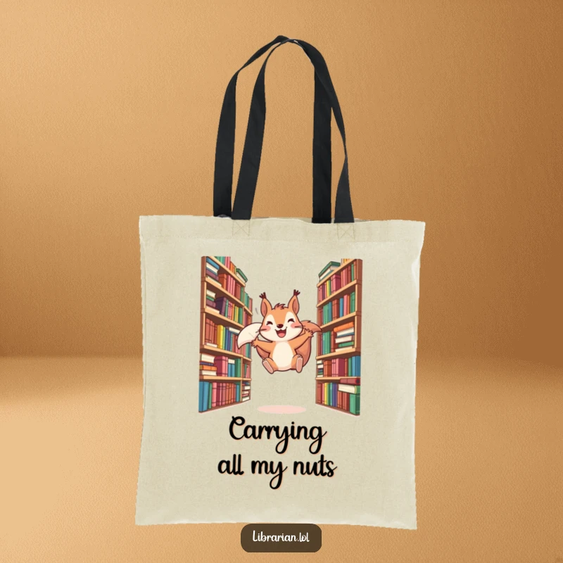 Funny tote bag featuring a happy squirrel leaping between overflowing bookshelves, ideal for carrying books and essentials with a smile.